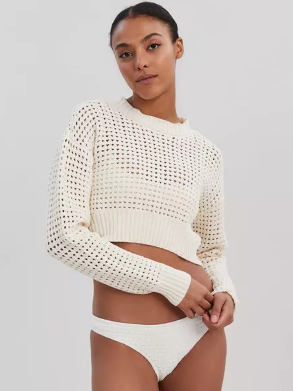 Solid & Striped Nolan Brule Beige Crochet High Low Cropped Crewneck Sweater Sz S